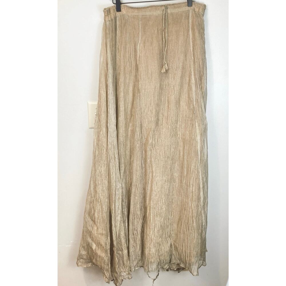 Vintage Gold Metallic Pleated Crinkle Textured Maxi Skirt Size L FLAW Fairy Boho